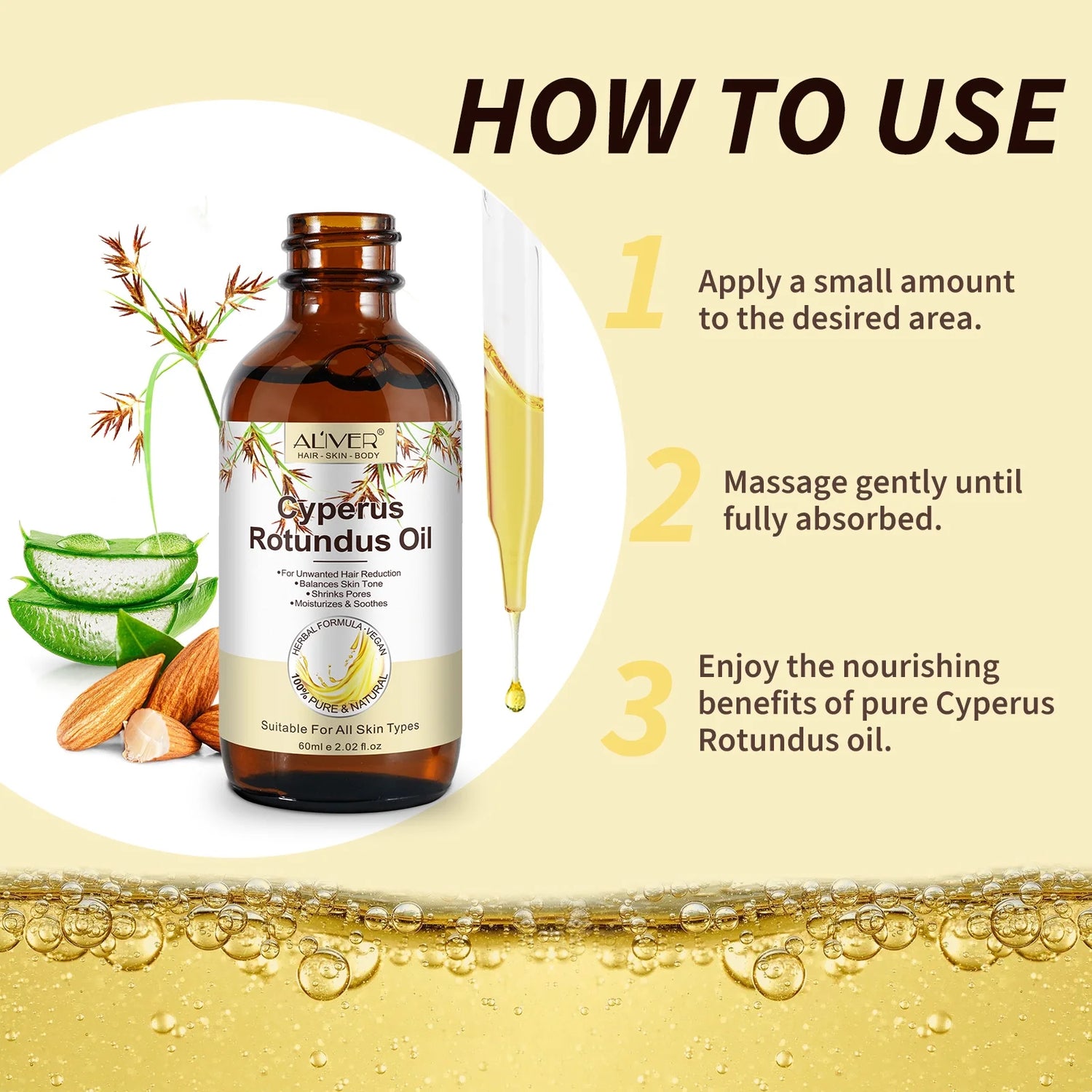 100% Pure Cyperus Rotundus Oil 60Ml for Hair Removal, Natural Reduce Body Hair, Skin Tone Balancer with Sweet Almond & Aloe Vera